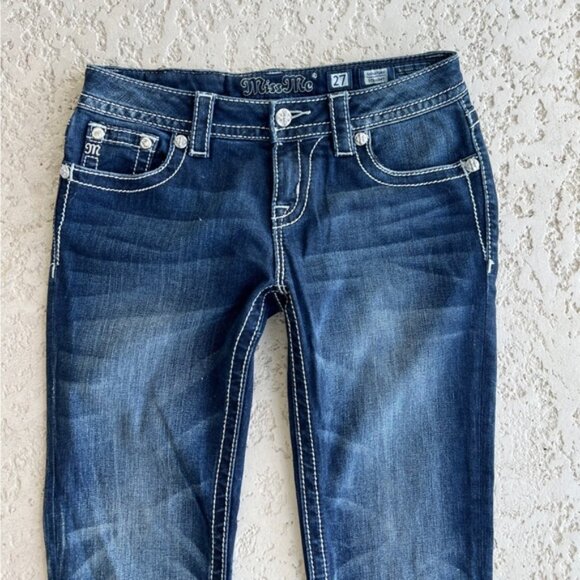 Miss Me Womens Jeans 27 Straight Embellished Rhinestone Pockets Western Blue - Picture 3 of 8